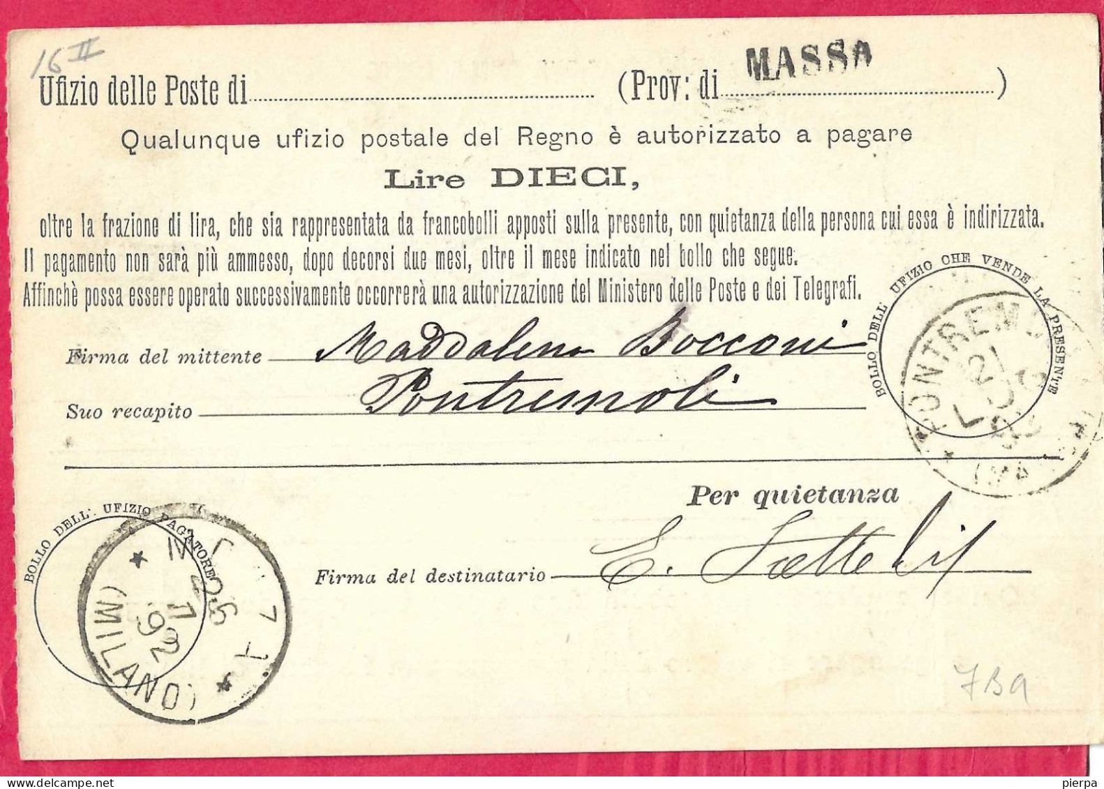 INTERO CARTOLINA-VAGLIA UMBERTO C.15 DA LIRE 10(+45C.X2) (CAT. INT.7Ba) -ANNULLO TONDO RIQUADRATO"PONTREMOLI*21.7.92* - Marcophilie