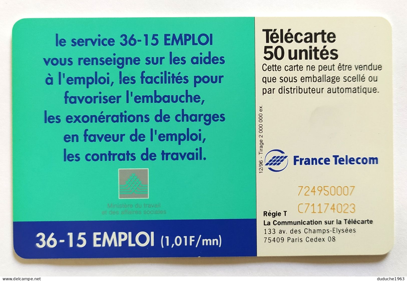 Télécarte France - 3615 Emploi - Sin Clasificación