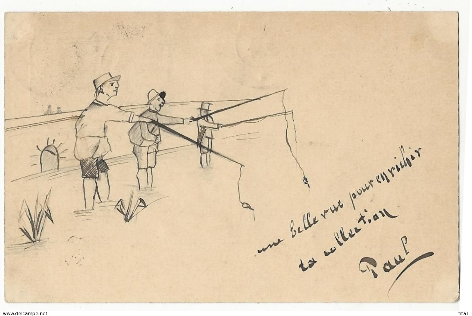 215 - Dessin Fait Main De Pêcheurs - Oblitération Diekirch 1897 - Fishing