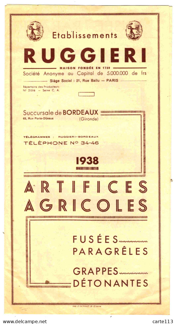 - F28913PAP - PUBLICITE - ARTIFICES AGRICOLES - FUSEES PARAGRELES - GRAPPES DETONANTES - RUGGIERI BORDEAUX -  Dépliant - Publicités