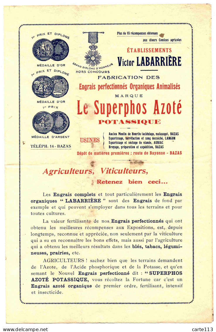 - F28912PAP - PUBLICITE - BAZAS  -engrais Victor LABARRIERE - Agent Grains Albert CAZE - Dépliant Publicitaire - Bon ét - Publicités