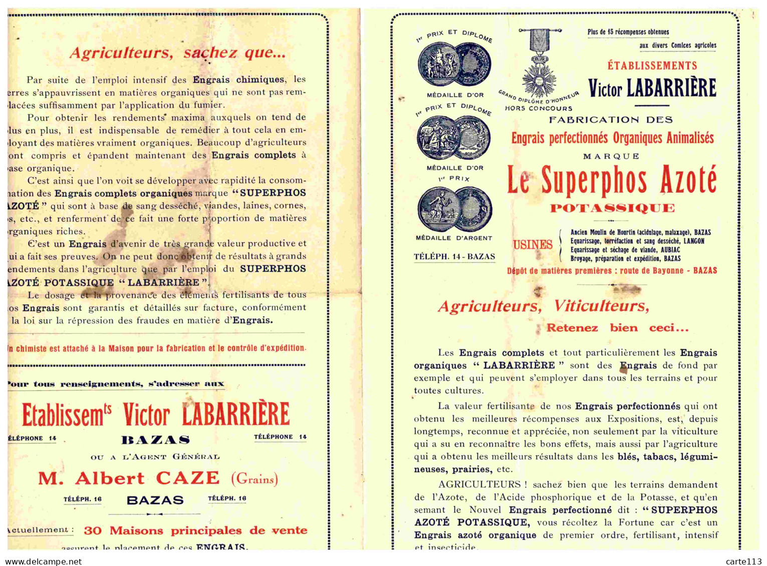 - F28912PAP - PUBLICITE - BAZAS  -engrais Victor LABARRIERE - Agent Grains Albert CAZE - Dépliant Publicitaire - Bon ét - Pubblicitari