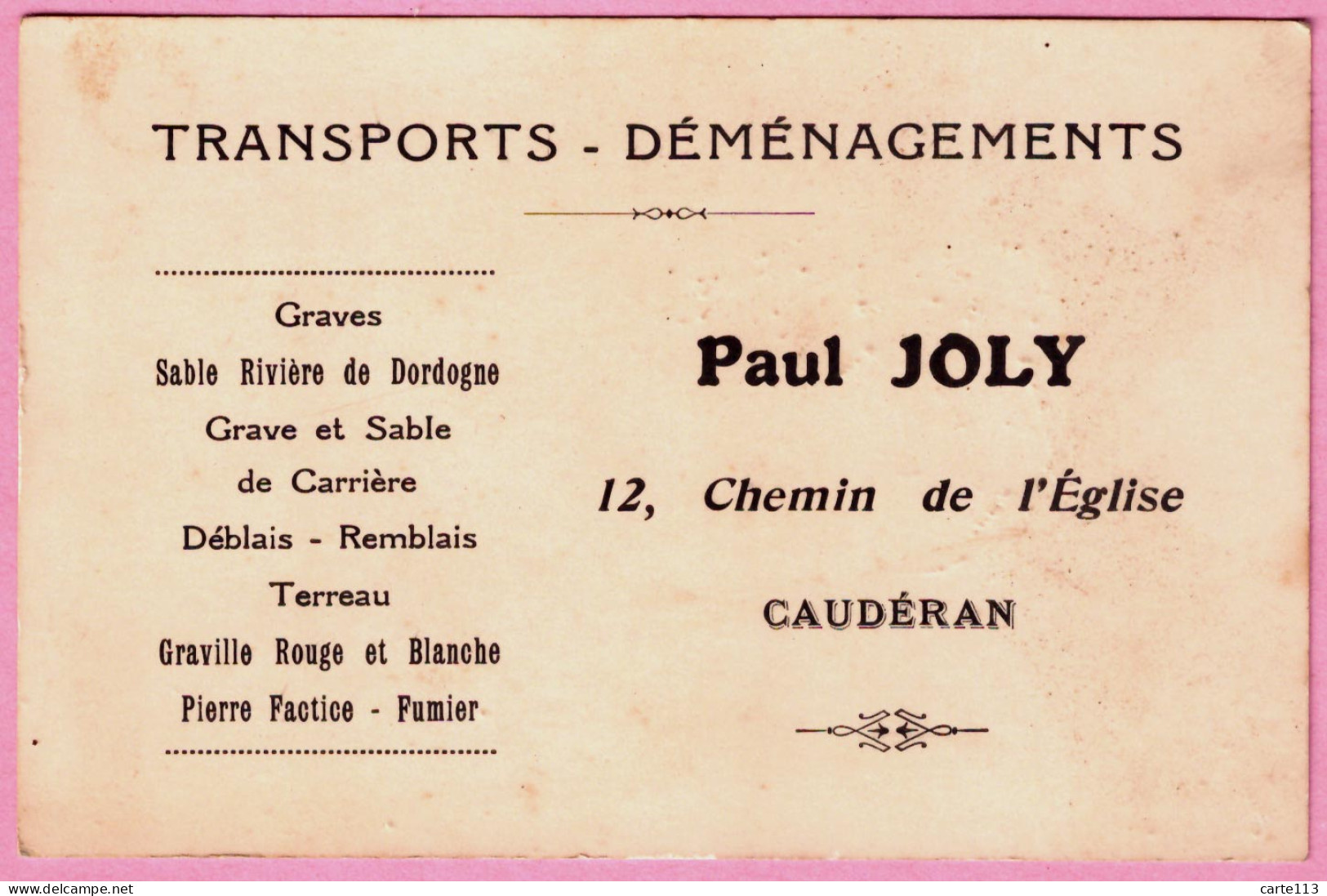 33 - PAP34909PAP - CAUDERAN - Carton De Visite Cmmercial Paul JOLY Déménagements - Très Bon état - GIRONDE - Reclame