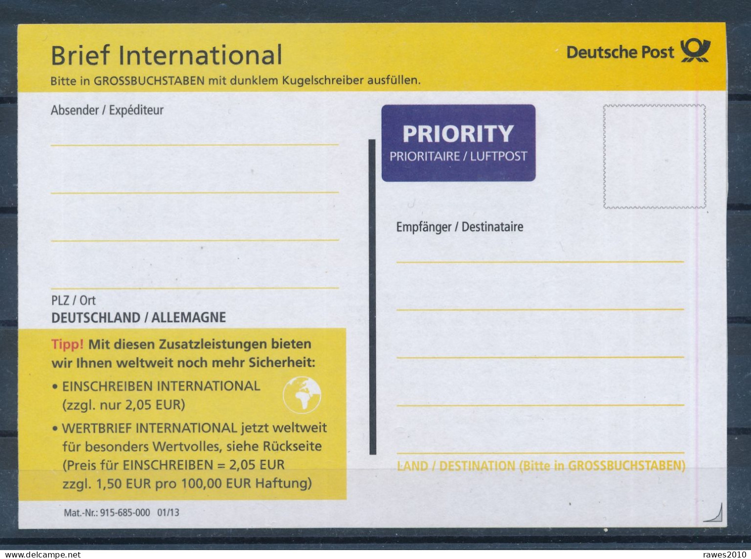 BRD / Bund Bonn DP 2013 Label Brief International Mit Aufdruck Priority / Luftpost - Covers & Documents