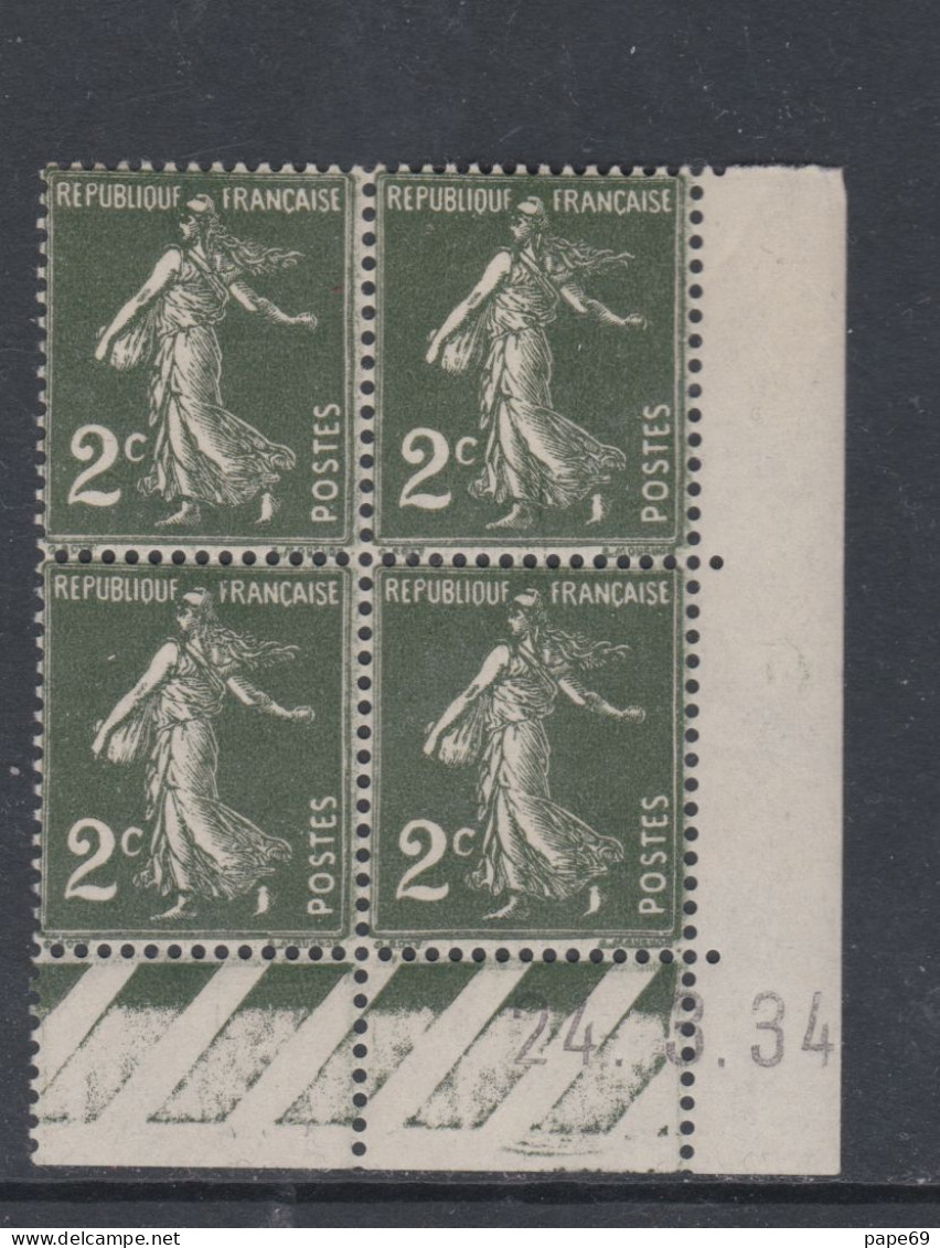 France N° 278 XX Type Semeuse : 2 C. Vert Foncé En Bloc De 4 Coin Daté Du 24 . 3 . 34 ;  Ss Pt Blanc, Sans Charnière, TB - 1930-1939
