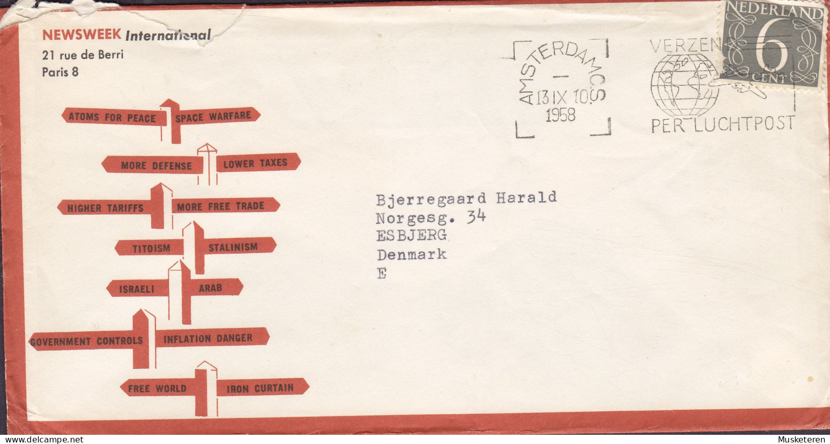 Netherlands NEWSWEEK International Slogan 'Per Luchtpost' AMSTERDAM C.S. 1958 Cover Brief Lettre ESBJERG Denmark - Lettres & Documents