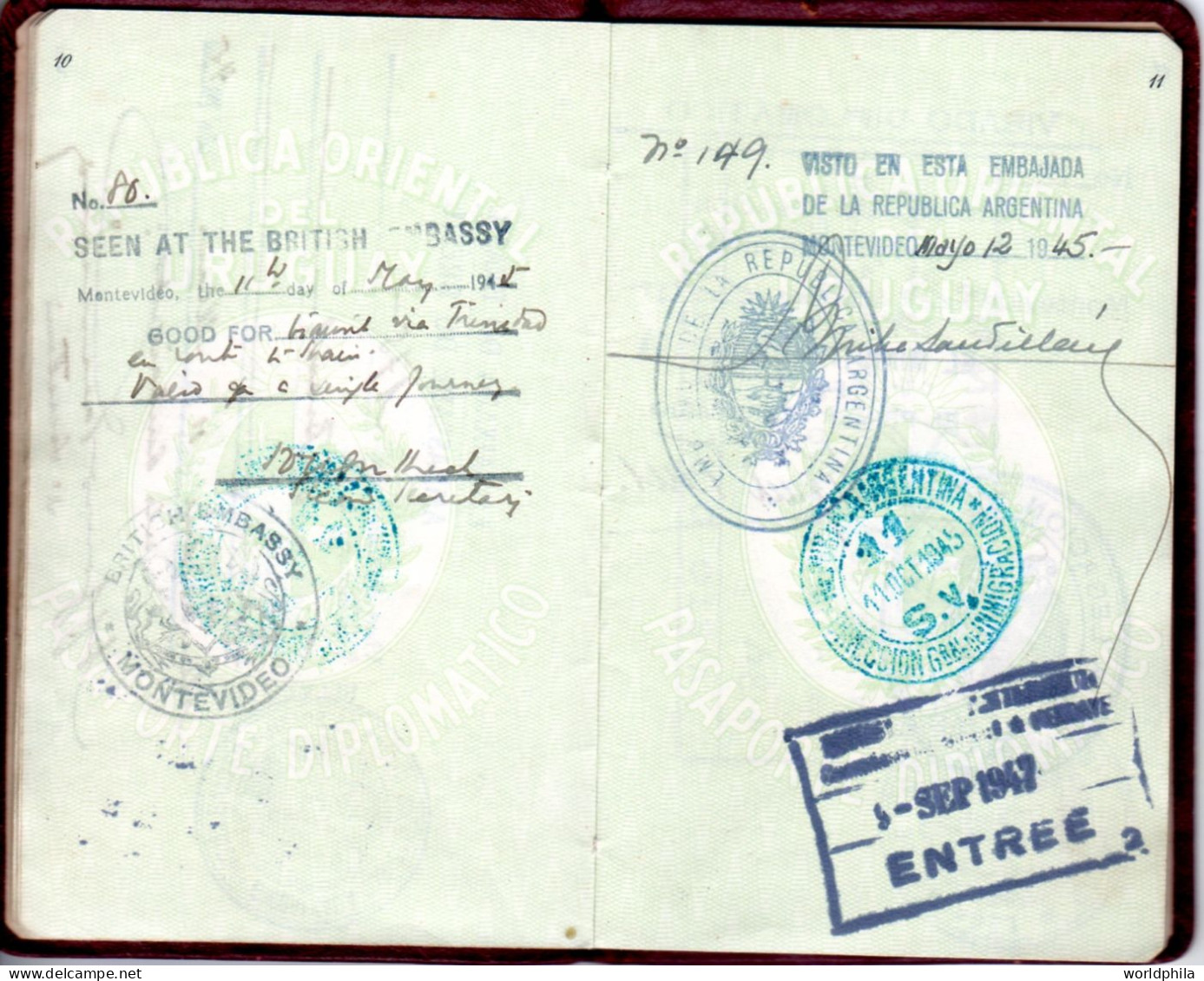 Uruguay End of WWII 1945-9 much travelled document, Europe & Latin America, signed Diplomatic Passport History document