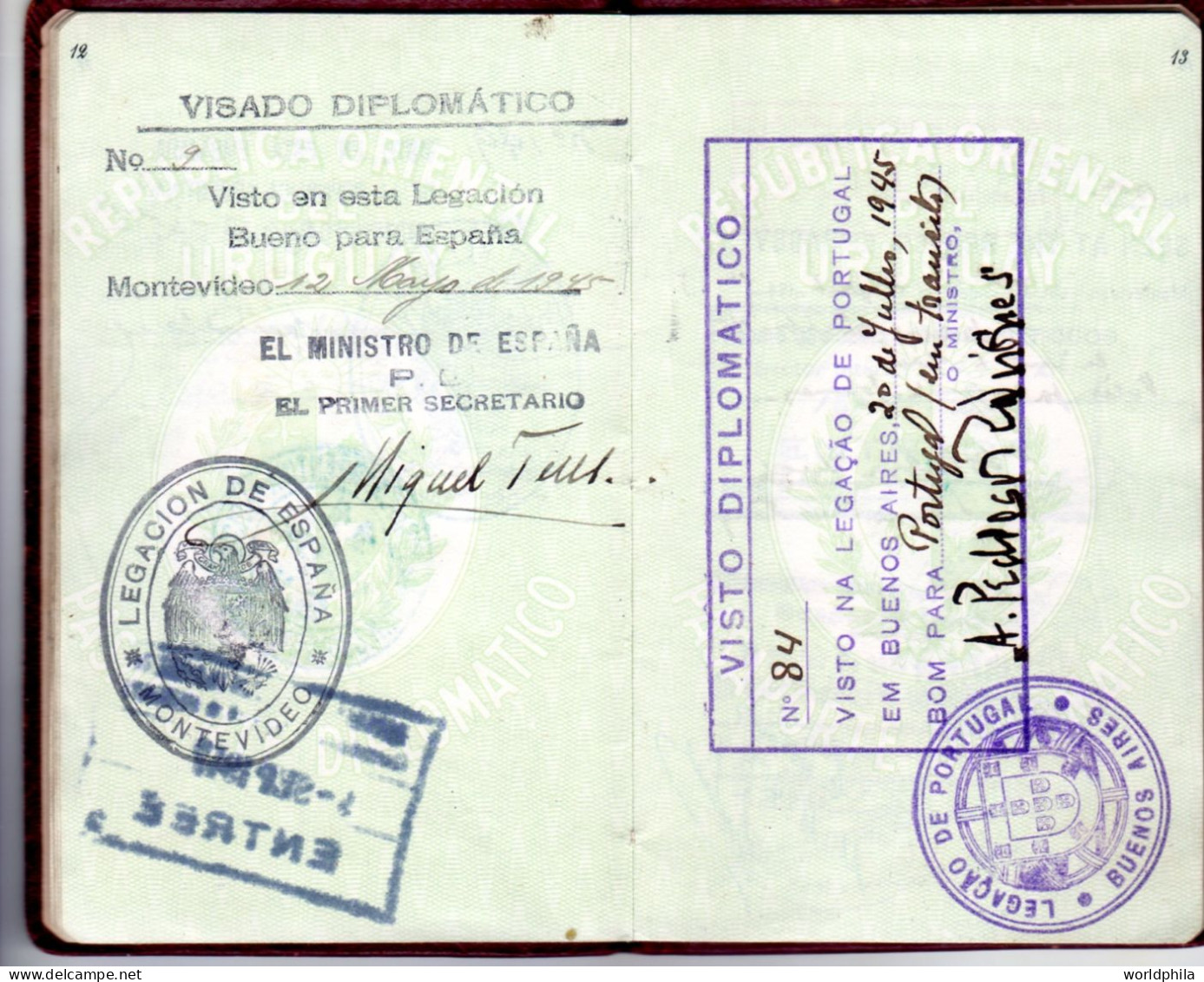 Uruguay End of WWII 1945-9 much travelled document, Europe & Latin America, signed Diplomatic Passport History document