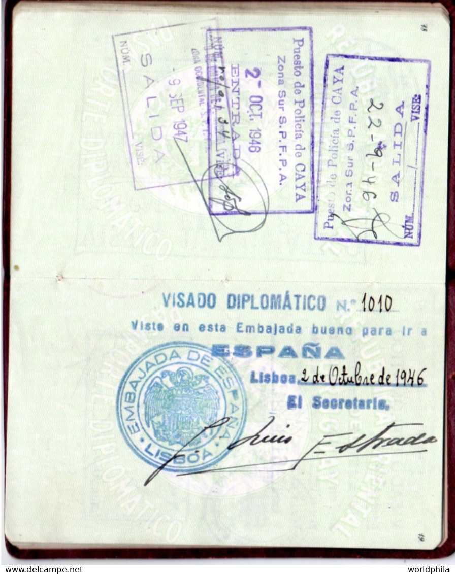 Uruguay End of WWII 1945-9 much travelled document, Europe & Latin America, signed Diplomatic Passport History document