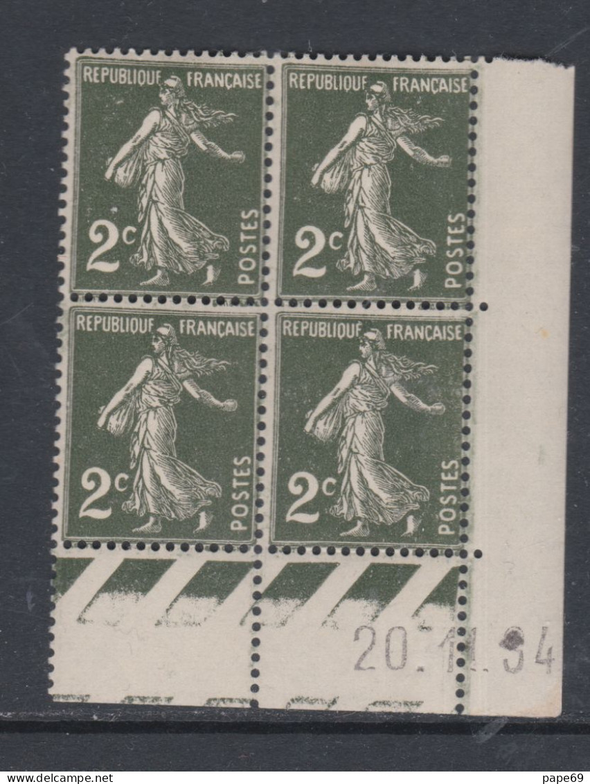 France N° 278 XX Type Semeuse : 2 C. Vert Foncé En Bloc De 4 Coin Daté Du 20 . 11. 34 ;  Ss Pt Blanc, Sans Charnière, TB - 1930-1939