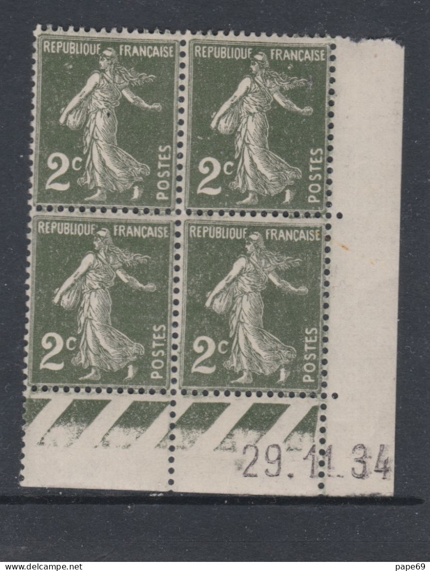 France N° 278 XX Type Semeuse : 2 C. Vert Foncé En Bloc De 4 Coin Daté Du 29 . 11. 34 ;  Ss Pt Blanc, Sans Charnière, TB - 1930-1939