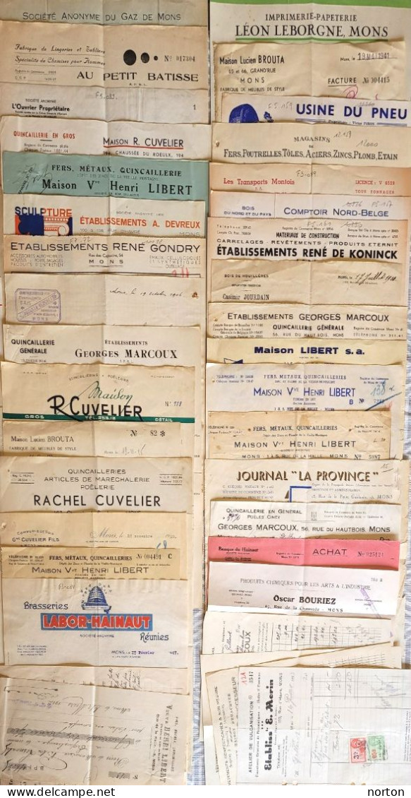 Lot De 77 Factures De Commerces De La Ville De Mons Entre 1900 Et 1970 ( Voir Description ) - Colecciones