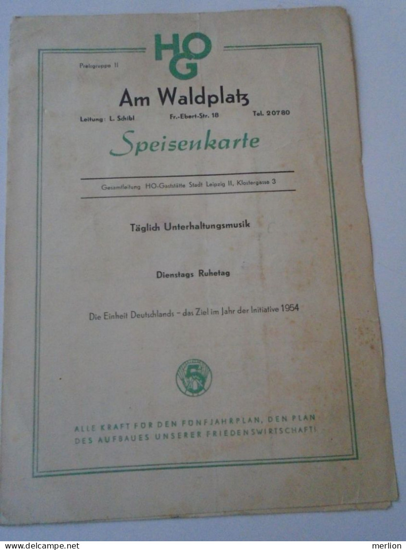 D202242 Menu, Menü-Karte Speisenkarte  HO-Gaststätte Am Waldplatz  LEIPZIG  -DDR Germany   1954 - Menükarten