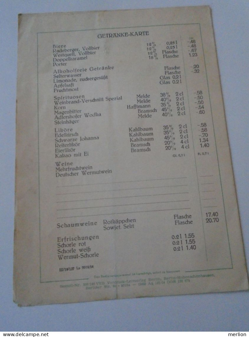 D202242 Menu, Menü-Karte Speisenkarte  HO-Gaststätte Am Waldplatz  LEIPZIG  -DDR Germany   1954 - Menükarten