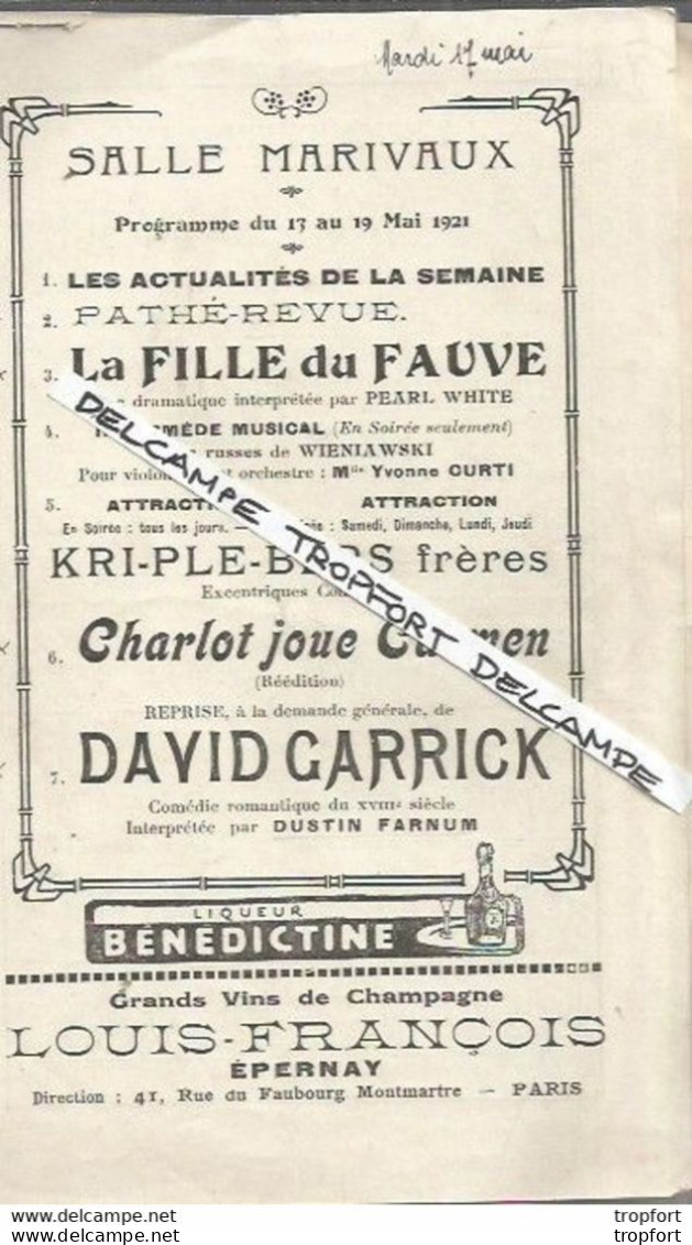 TD / Vintage Program Cinema / Programme Cinéma MARIVAUX CHARLOT David GARRICK 1921 KRI-PLE-BERS Frères - Programme