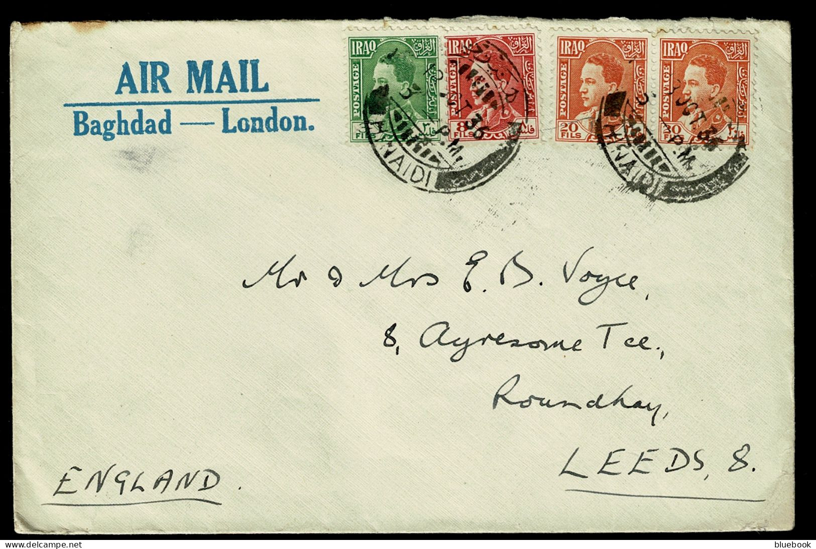 Ref 1644 - 1936 Airmail Cover - Hinaidi Baghdad Iraq To Leeds UK - Mixed Franking 51 Fils - Irak