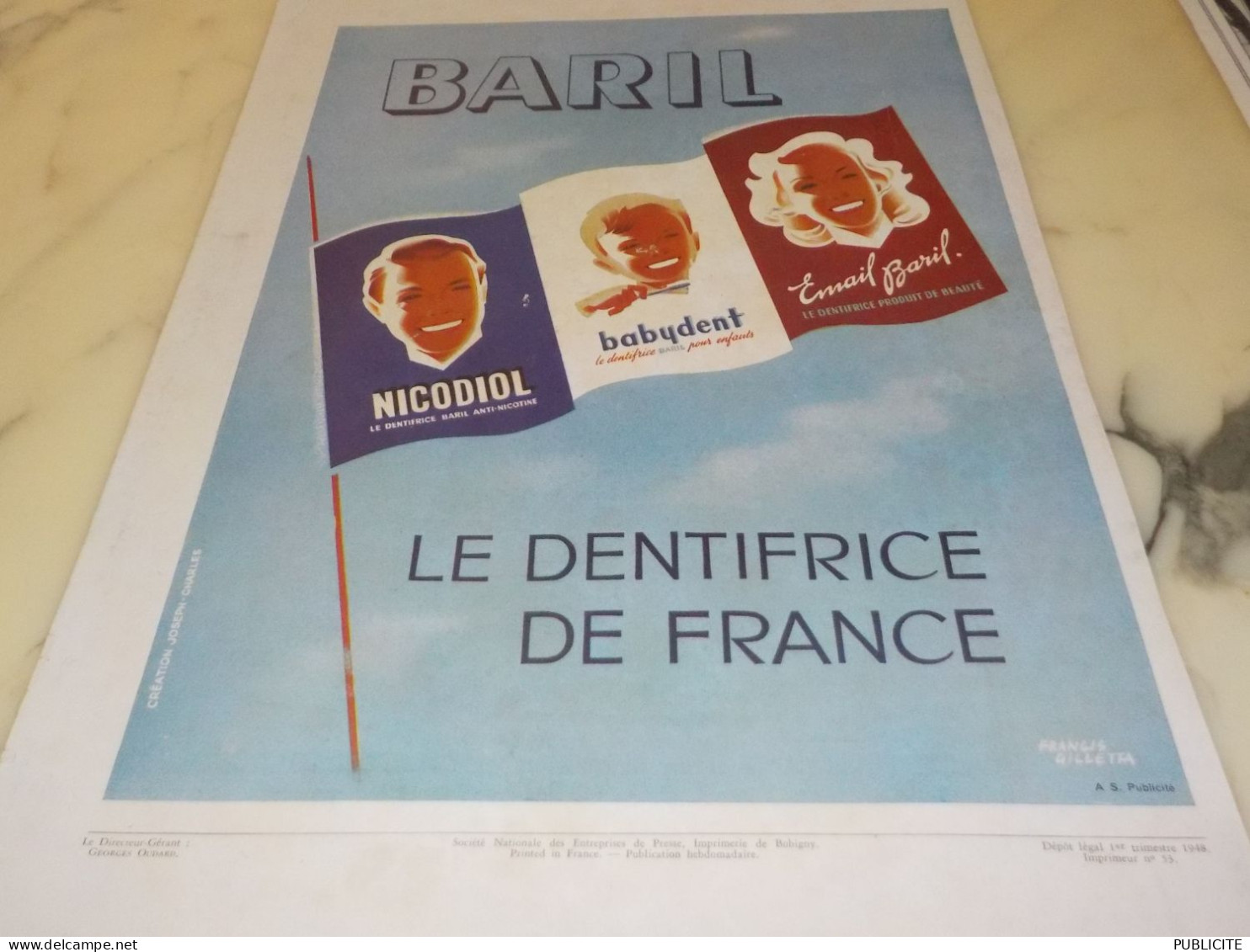 ANCIENNE PUBLICITE  LE DENTIFRICE DE FRANCE DE BARIL  1948 - Sonstige & Ohne Zuordnung