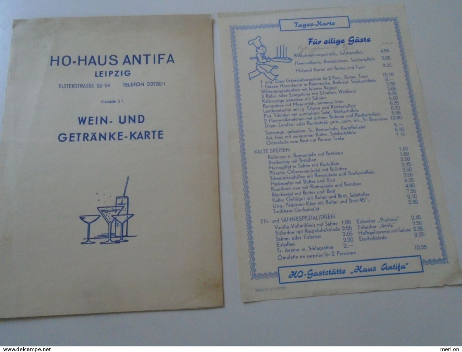 D202243 WEIN Und Getränke-Karte -und Speisenkarte Menu -Tageskarte  HO-Haus ANTIFA   LEIPZIG  -DDR Germany   1954 - Menükarten