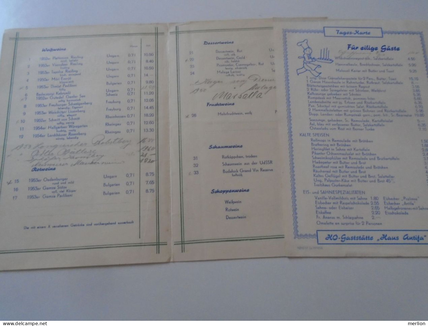 D202243 WEIN Und Getränke-Karte -und Speisenkarte Menu -Tageskarte  HO-Haus ANTIFA   LEIPZIG  -DDR Germany   1954 - Menú