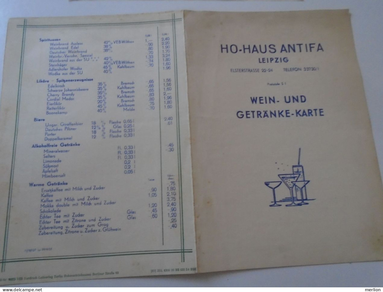 D202243 WEIN und Getränke-Karte -und Speisenkarte Menu -Tageskarte  HO-Haus ANTIFA   LEIPZIG  -DDR Germany   1954