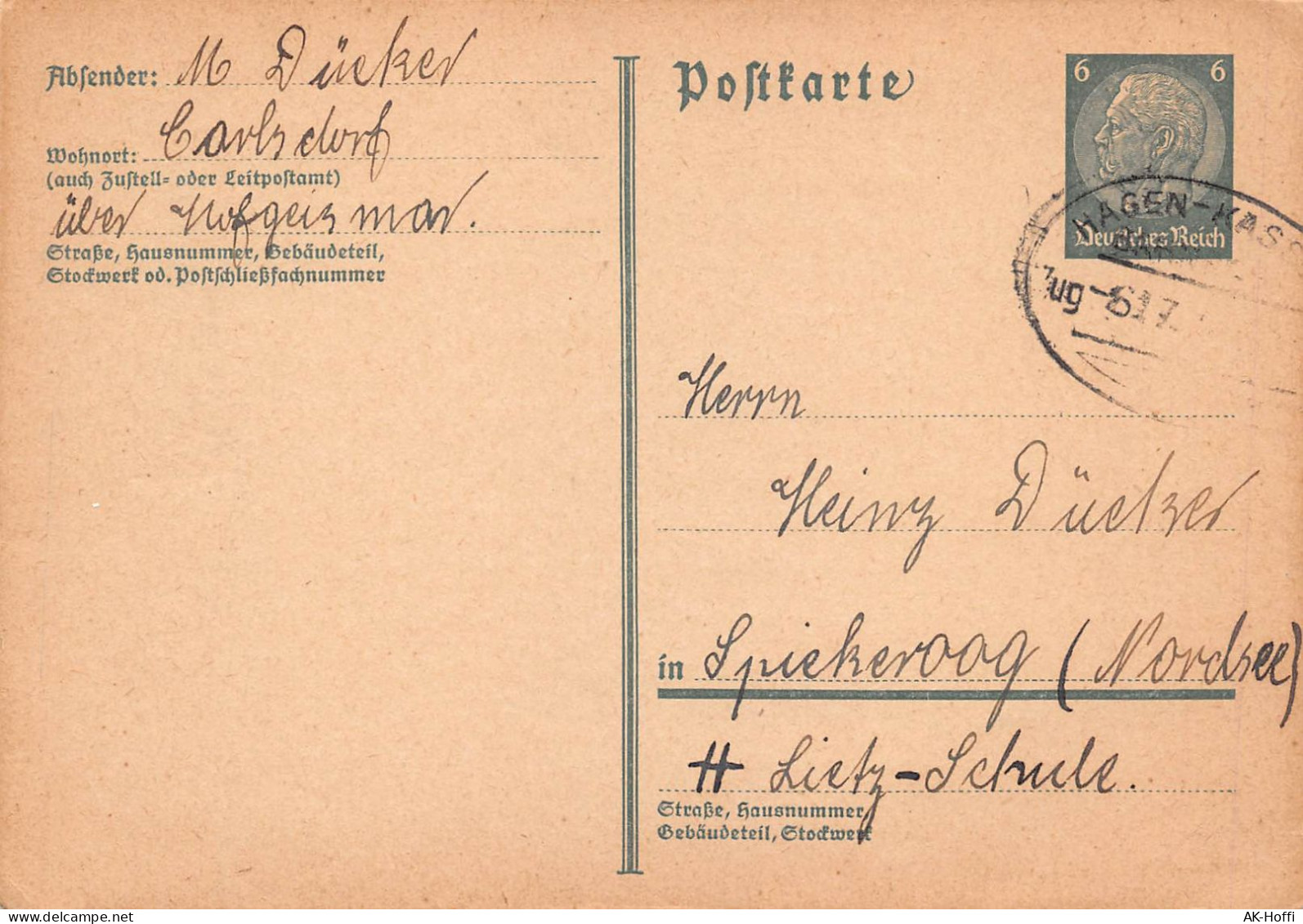 Carlsdorf ü. Hofgeismar Poststelle I Ganzsache Nach Spiekeroog 1934 - Postkarten