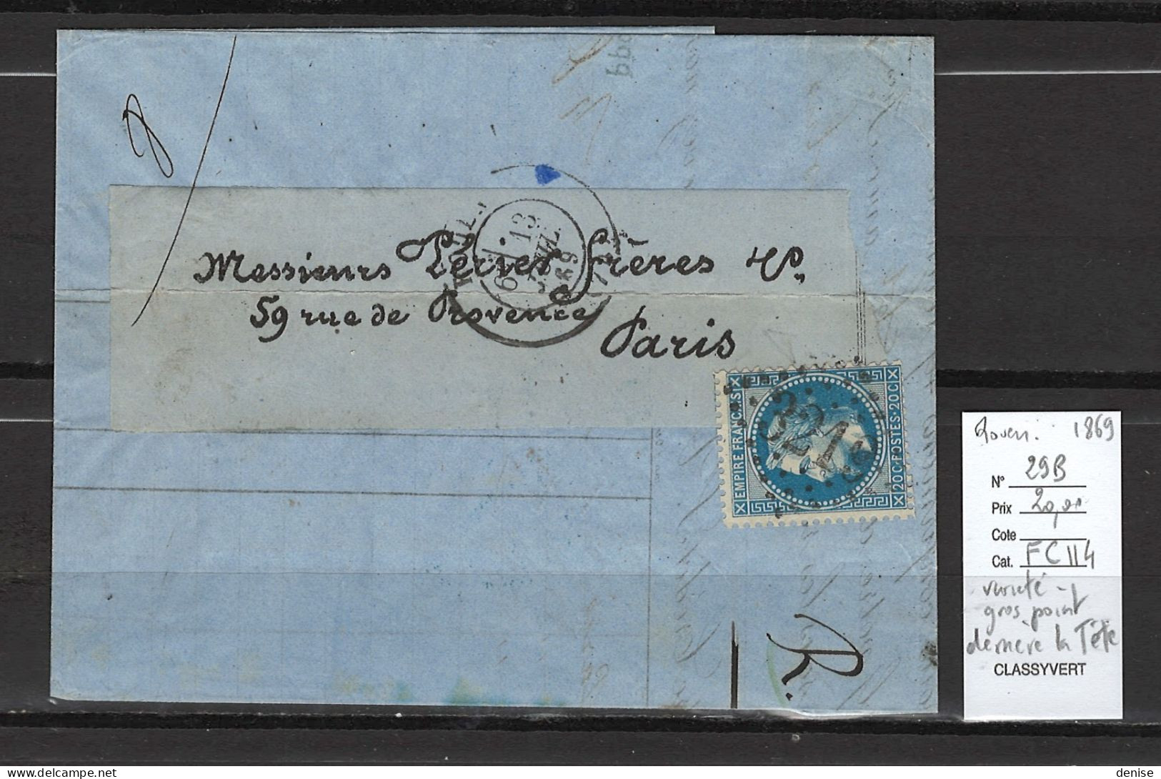 France - Lettre Yvert 29B - VARIETE - Boule Derriere La Tete - 1869 - Rouen - 1849-1876: Periodo Clásico