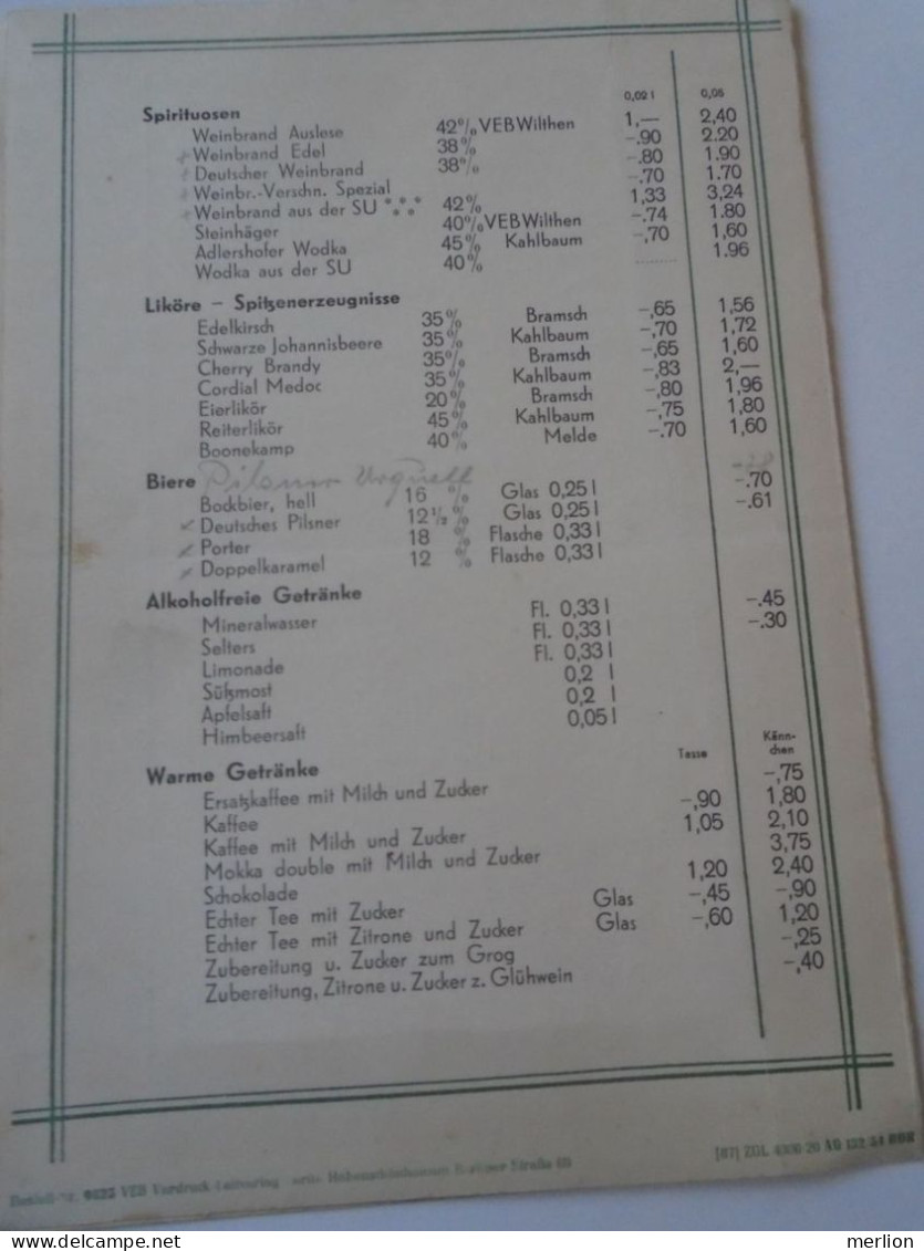 D202244 WEIN Und Getränke-Karte  HO-Haus ANTIFA   LEIPZIG  -DDR Germany   1954 - Menus