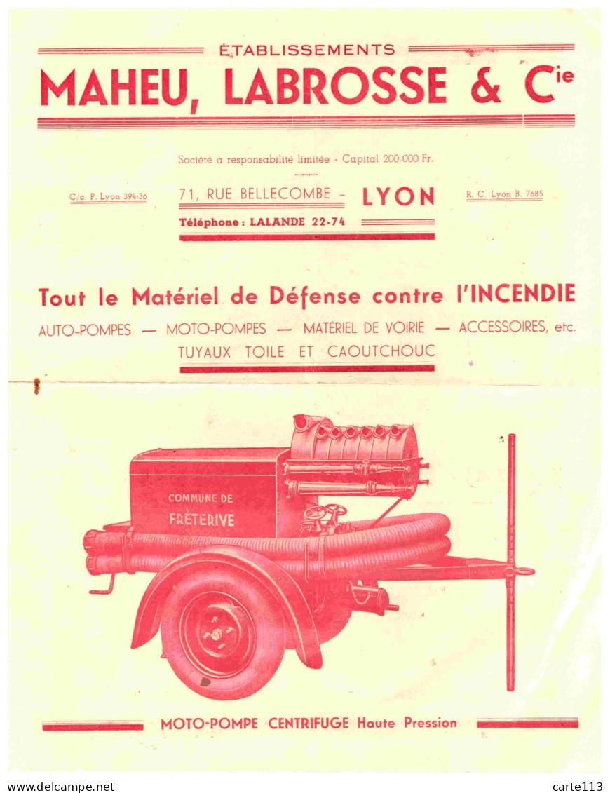 - F28870PAP - PUBLICITES - Dépliant Publicitaire - MATERIEL DEFENSE CONTRE INCENDIE  - MAHEU LABROSSE - LYON - Bon état - Publicidad