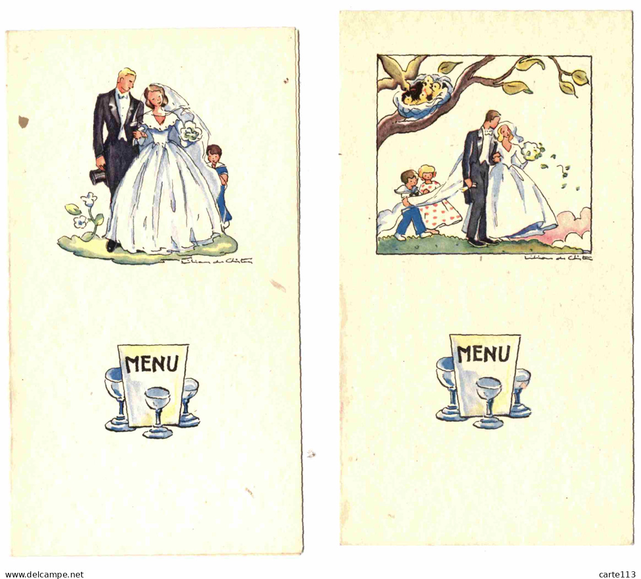 - F28218PAP - 2 MENUS DE MARIAGE VIERGES - Illustrateur Liliane De CHRISTEN - Très Bon état - THEMES - Menú