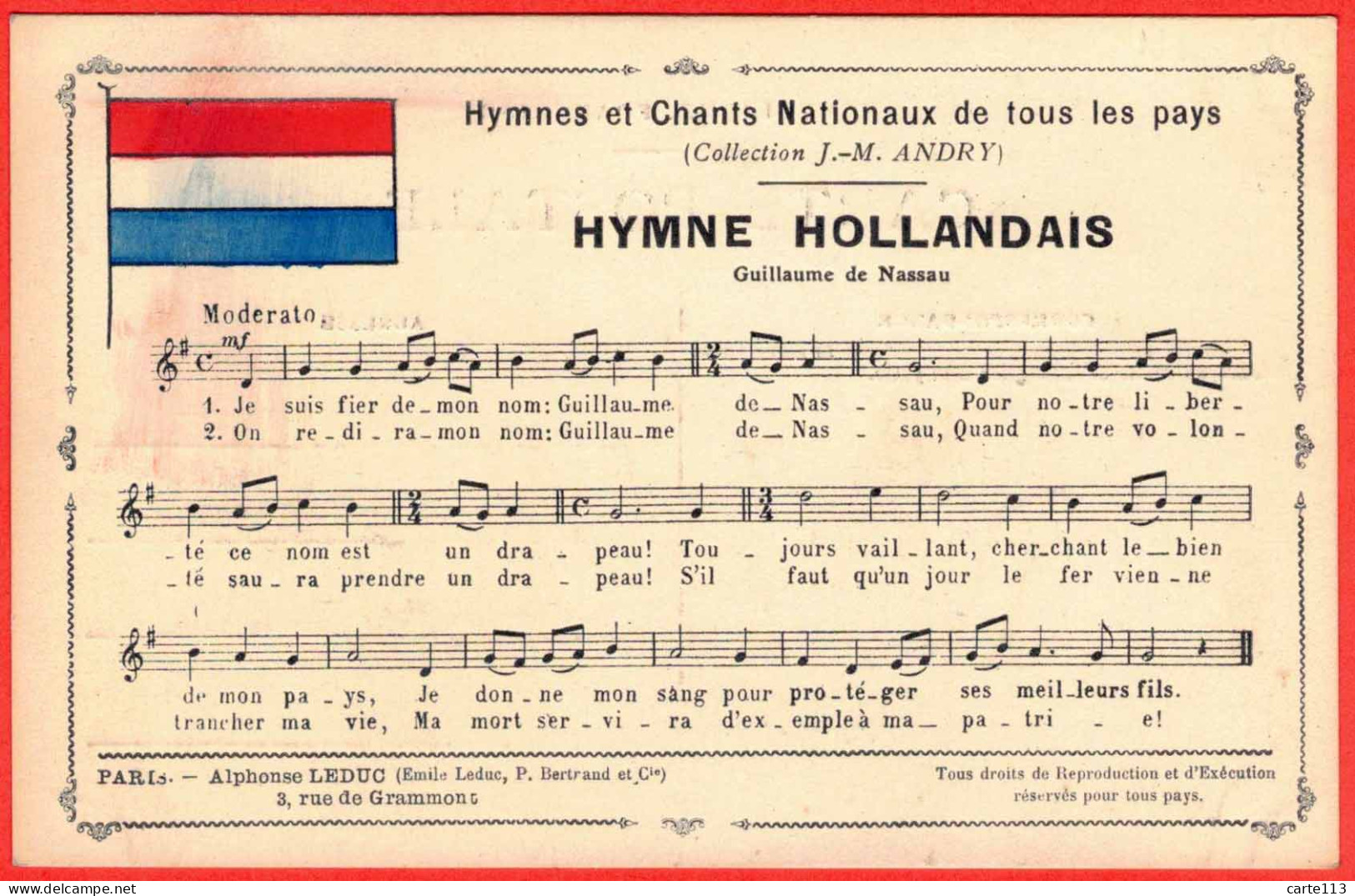 - B29218CPA - NEDERLAND - Hymne Hollandais - Guillaume De Nassau - Paroles Et Musique - Très Bon état - EUROPE - Autres & Non Classés