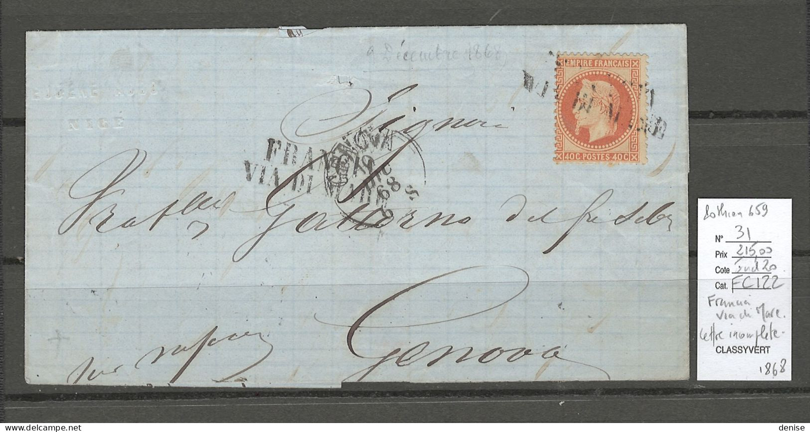 France - Lettre Yvert 31 - Nice Pour Genes - Italie - FRANCIA VIA DI MARE - 1868 - Maritime Post