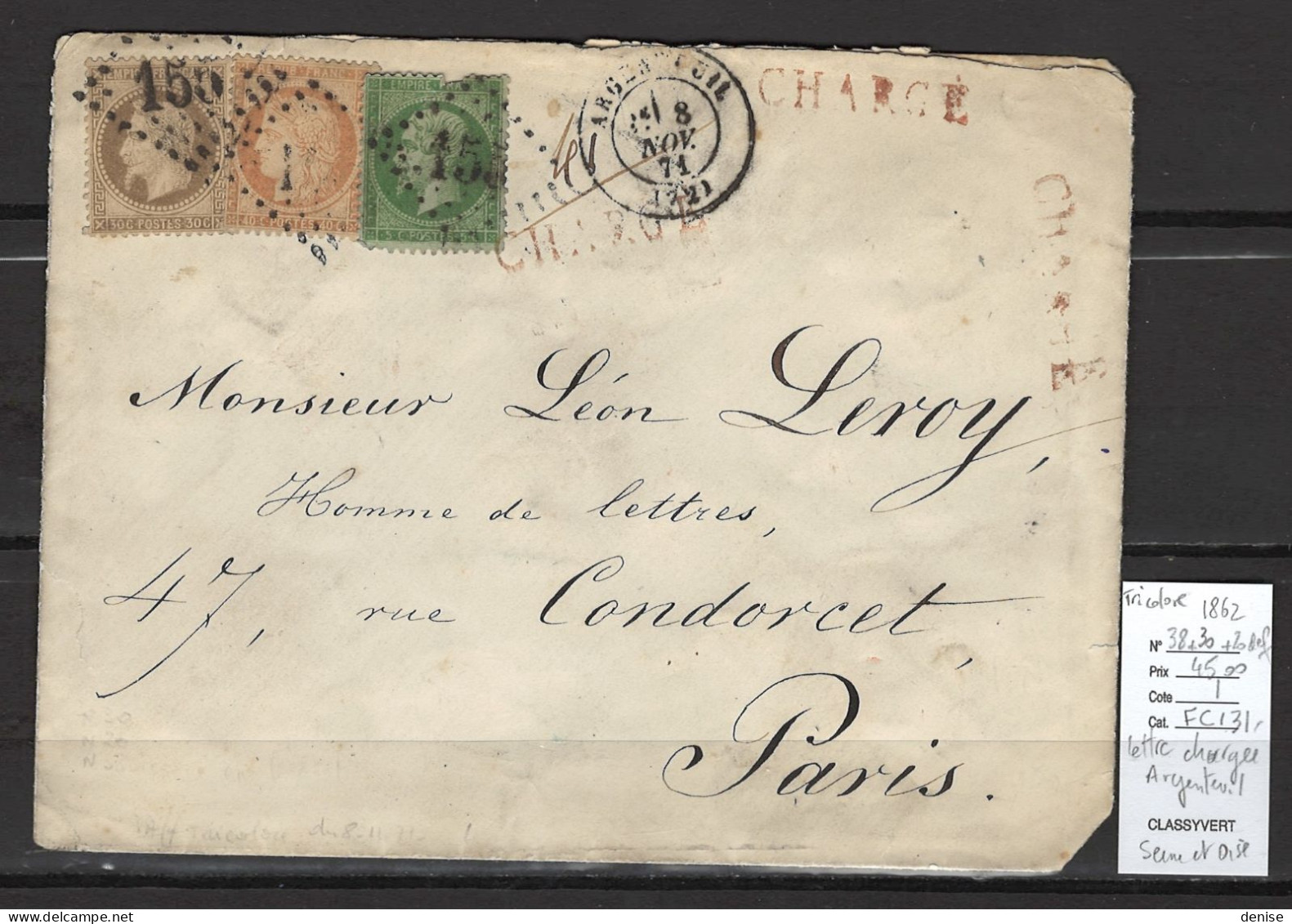 France - Lettre Chargée ARGENTEUIL - SEINE ET OISE - 1862 - Tricolore - Yvert 38 + 30 + 20 - 1849-1876: Klassieke Periode