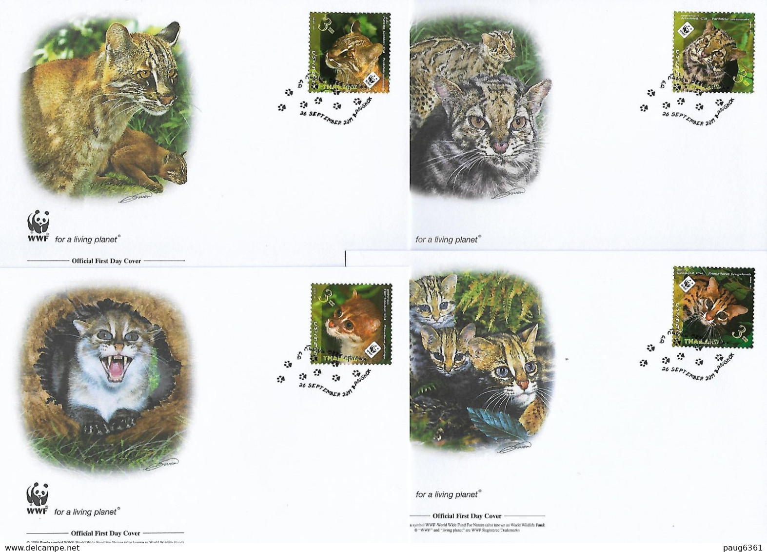 THAILANDE  2011 4 FDC WWF-CHATS YVERT N°2896/2899 - FDC