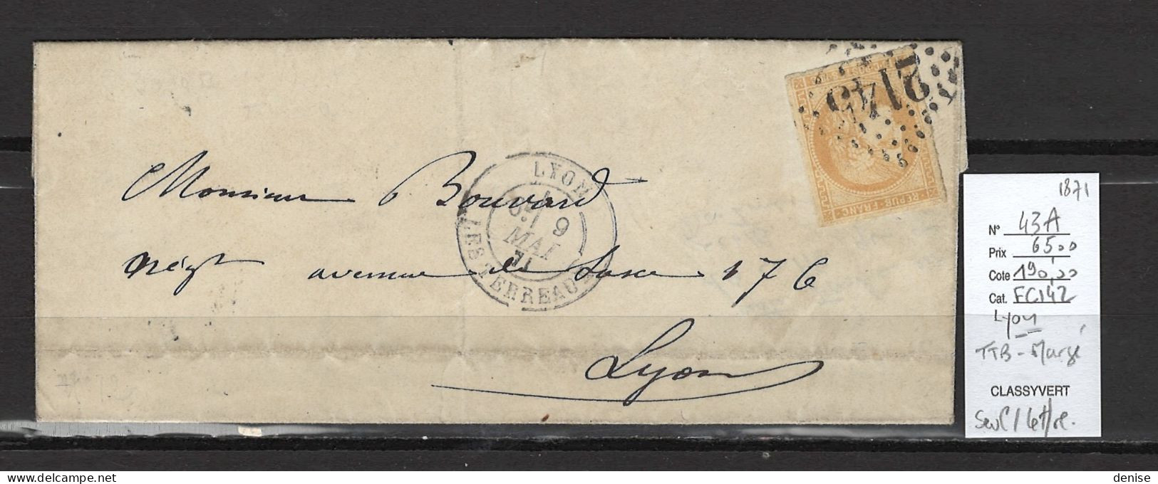 France - Lettre Locale -  Lyon - Yvert 43A - SEUL SUR LETTRE - 1871 - - 1849-1876: Periodo Clásico