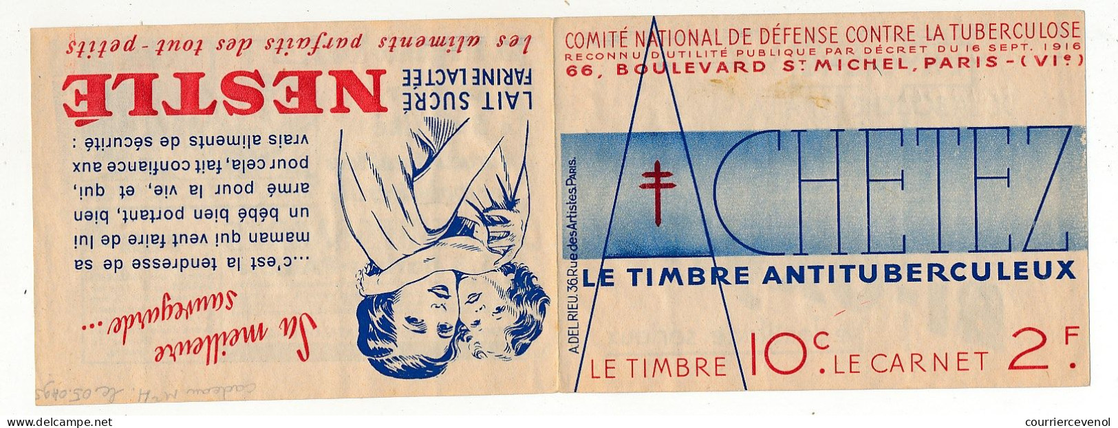 Carnet Anti-tuberculeux 1935 - 2 Fr - 20 Timbres à 10c (16 à L'intérieur) - Pubs  Cacao Suchard - Déjeuner Heudebert - Blokken & Postzegelboekjes