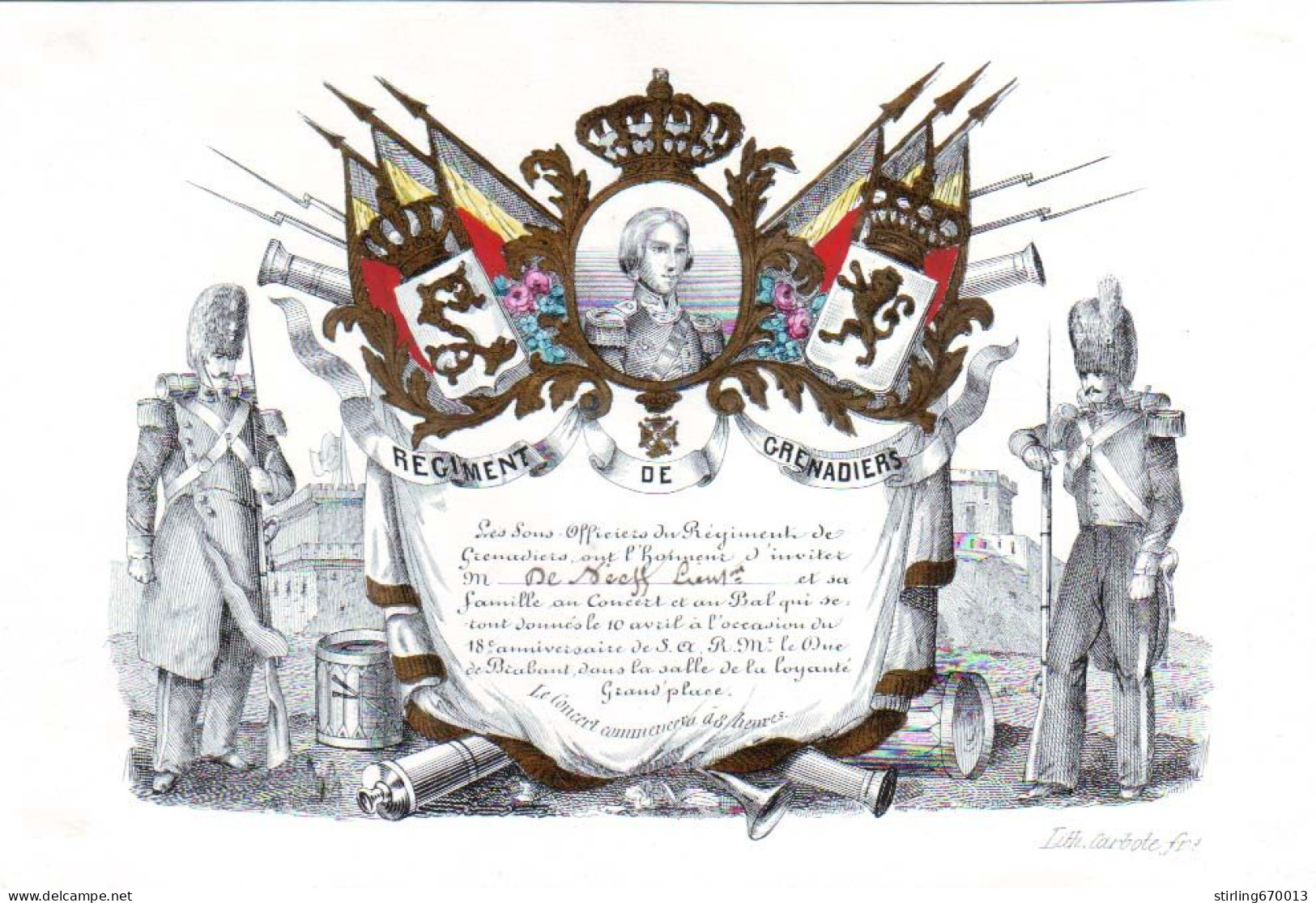 DE 1885 - Carte Porcelaine Du Regiment De Grenadiers Pour Concert Et Bal Imp Carbote. - Other & Unclassified