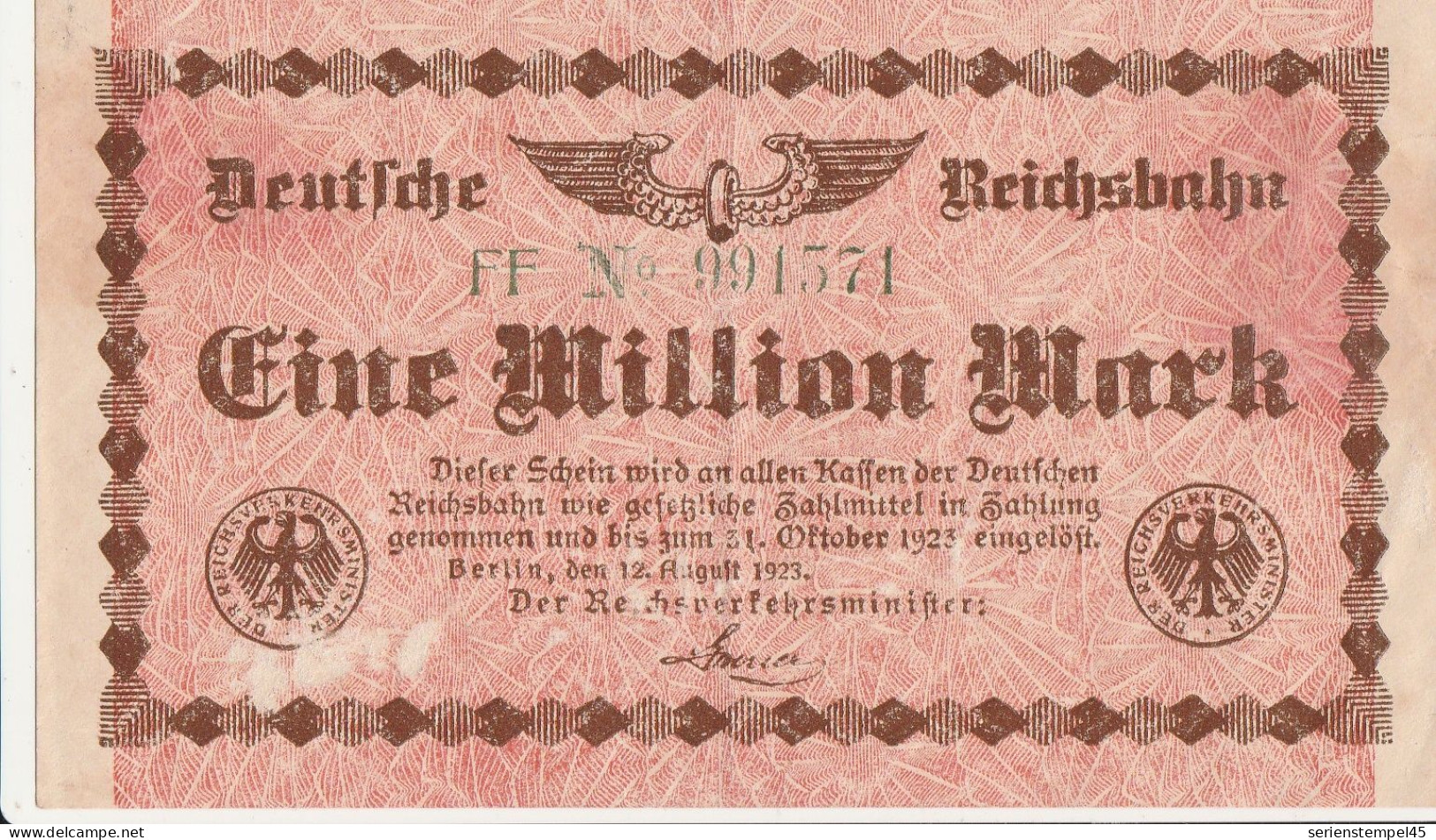 Geldschein Gutschein Der Deutschen Reichsbahn 12 August 1923 1 Millionen Mark FF - 1 Mio. Mark