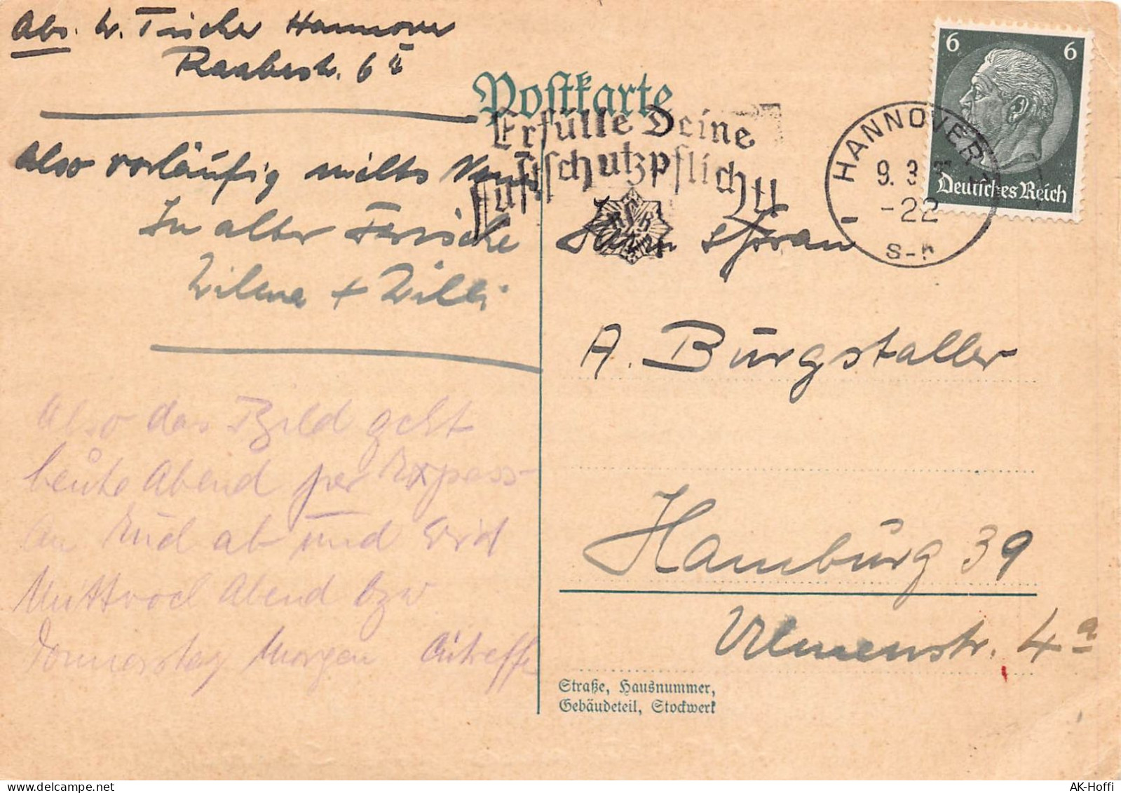 Postkarte 1937 Gelaufen Von Hannover Nach Hamburg - Tarjetas