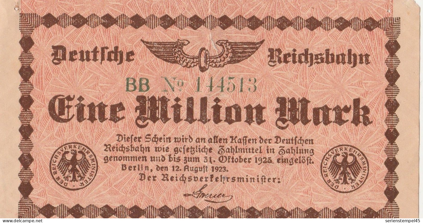 Geldschein Gutschein Der Deutschen Reichsbahn 12 August 1923 1 Millionen Mark BB - 1 Mio. Mark