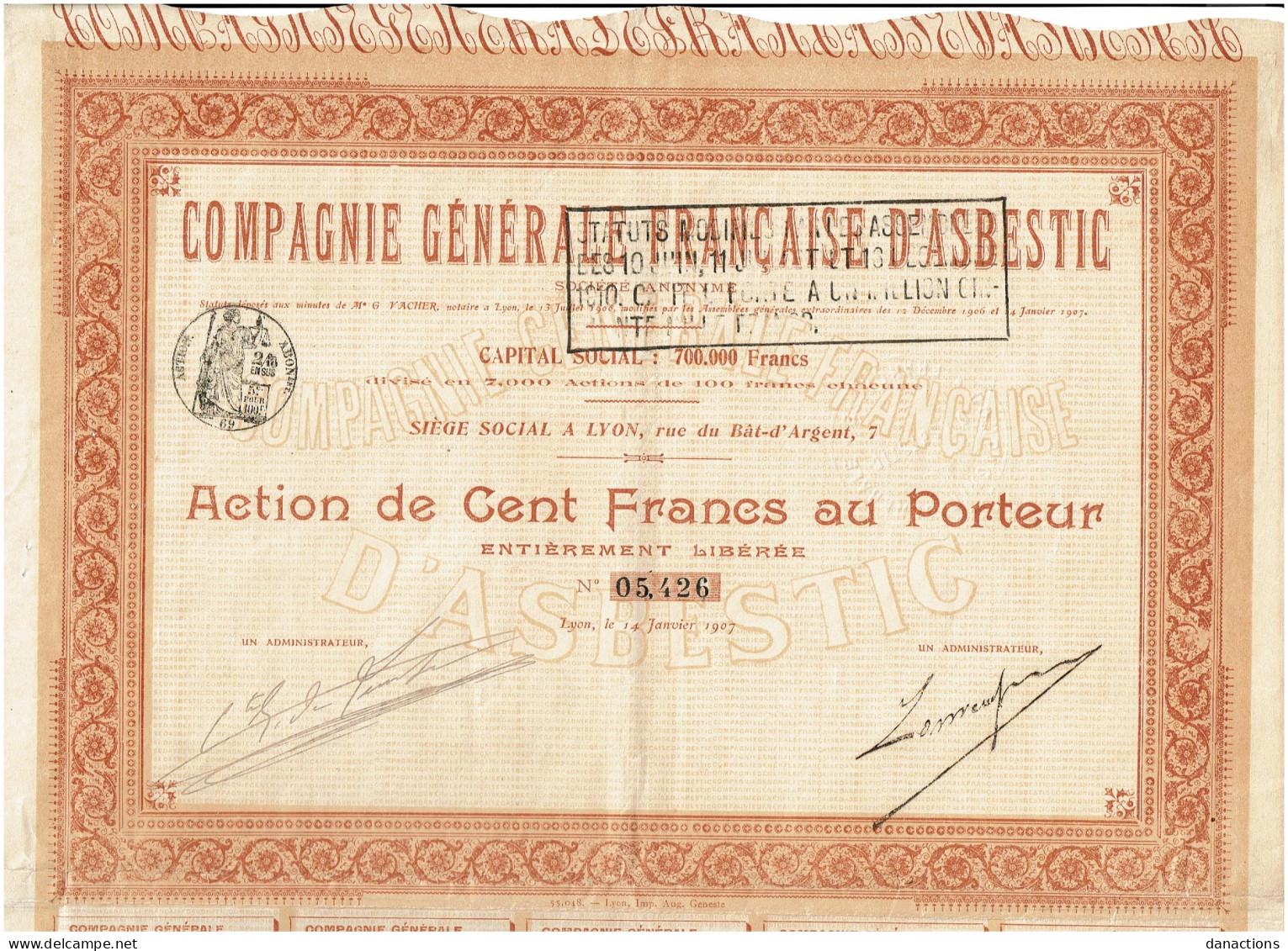 69-ASBESTIC. CIE GLE FRANCAISE D' ... LYON - Other & Unclassified