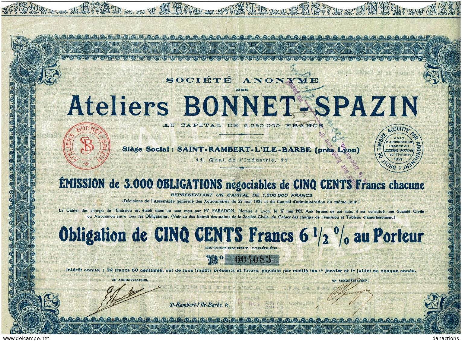 69-ATELIERS BONNET-SPAZIN. SA DES ...ST RAMBERT L'ILE BARBE  1918 Et 1921 (lot De 2) - Other & Unclassified