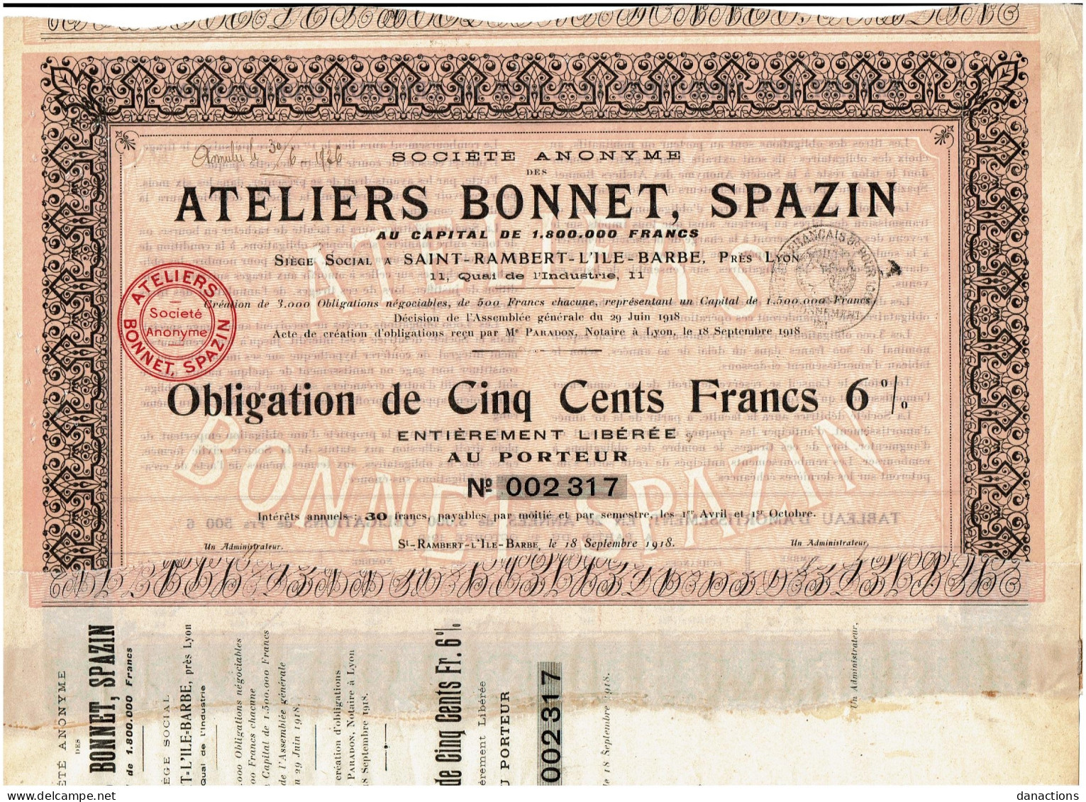 69-ATELIERS BONNET-SPAZIN. SA DES ...ST RAMBERT L'ILE BARBE  1918 Et 1921 (lot De 2) - Sonstige & Ohne Zuordnung