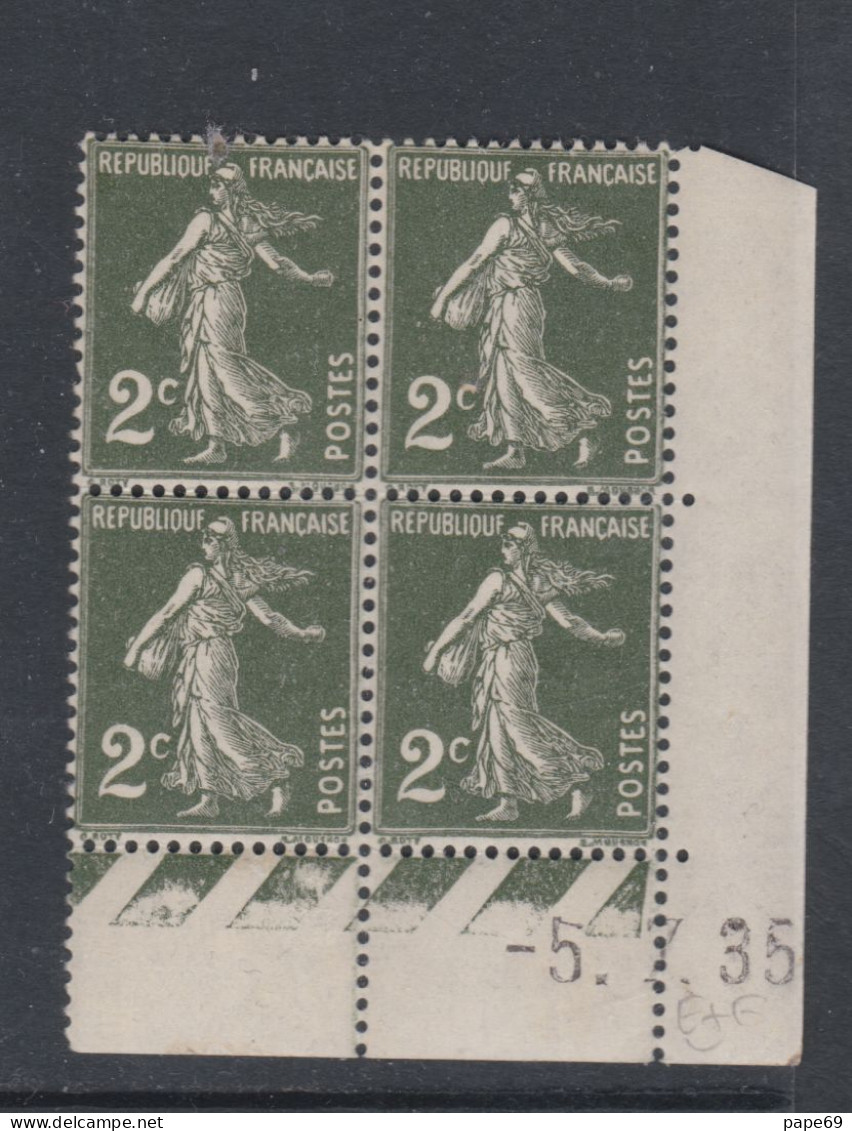 France N° 278 XX Type Semeuse : 2 C. Vert Foncé En Bloc De 4 Coin Daté Du 5 . 7 . 35 ;  Ss Pt Blanc, Sans Charnière, TB - 1930-1939