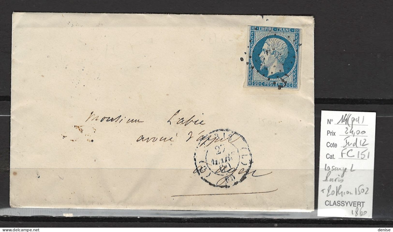 France - Lettre Paris Pour Agen-- 1860 - Bureau L + Pothion 1502 - 1849-1876: Klassieke Periode