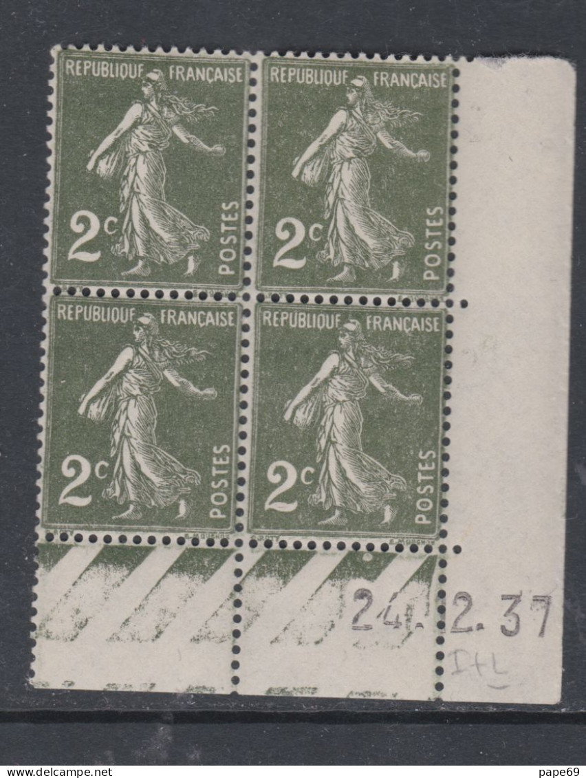 France N° 278 XX Type Semeuse : 2 C. Vert Foncé En Bloc De 4 Coin Daté Du 24 . 12 . 37 ;  Ss Pt Blanc, Ss Charnière, TB - 1930-1939