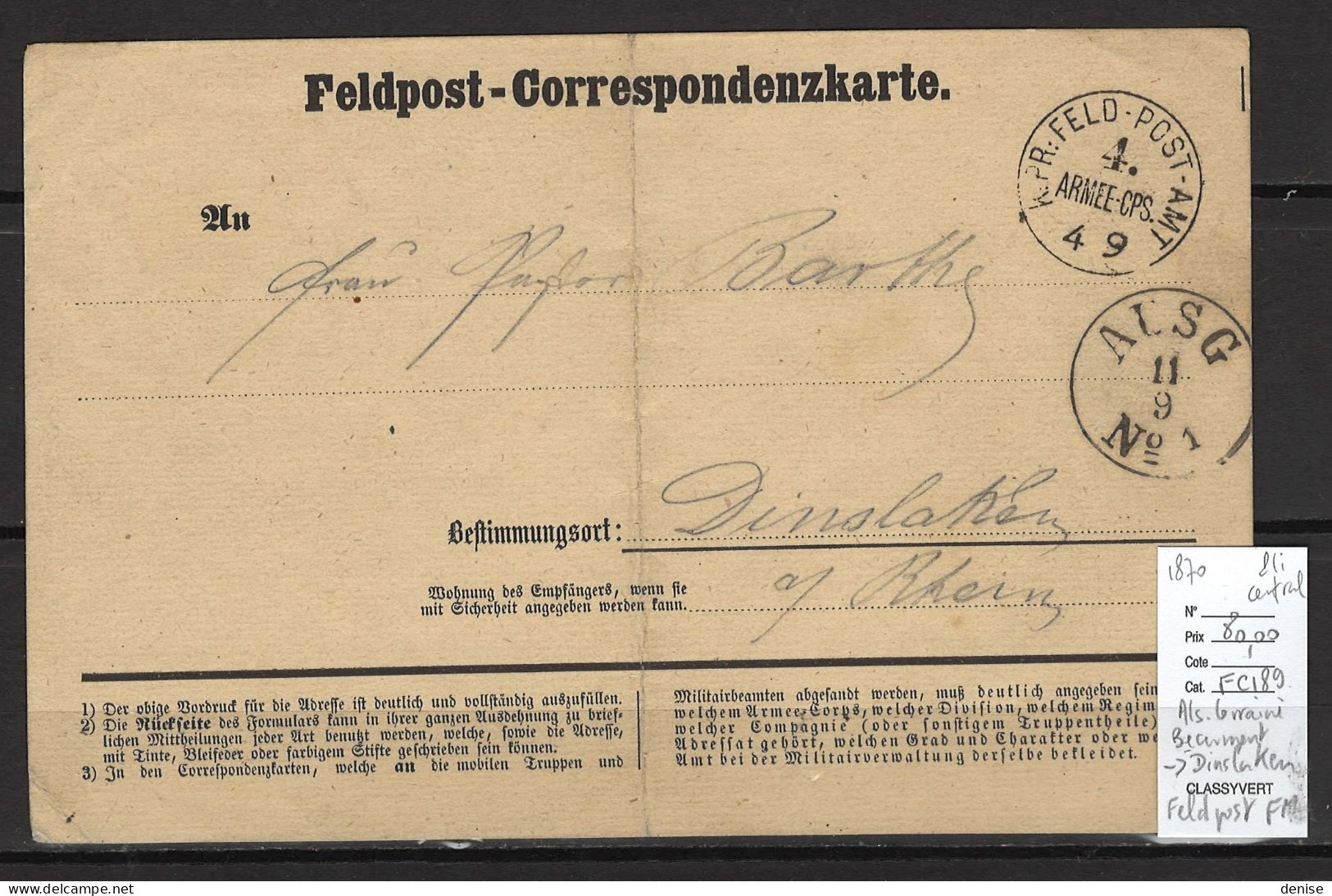 France - Alsace Lorraine Occupée -Beaumont Pour Dinslaken - 1870 - FM Allemande - Lettres & Documents