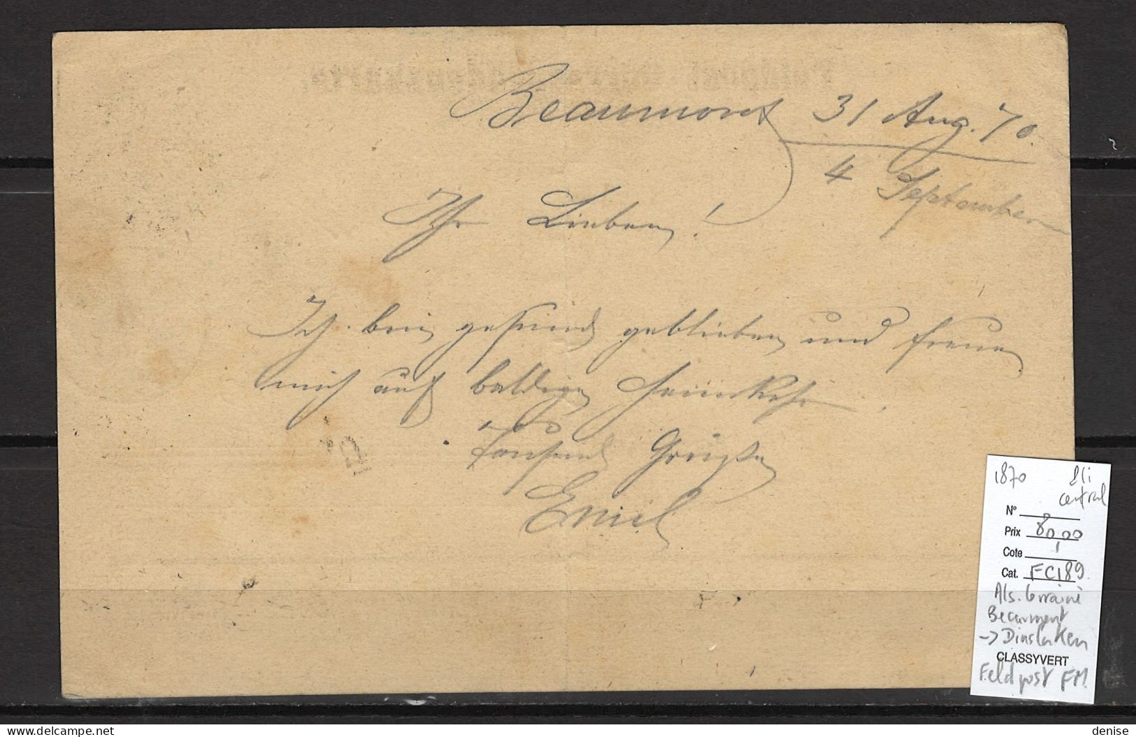 France - Alsace Lorraine Occupée -Beaumont Pour Dinslaken - 1870 - FM Allemande - Storia Postale