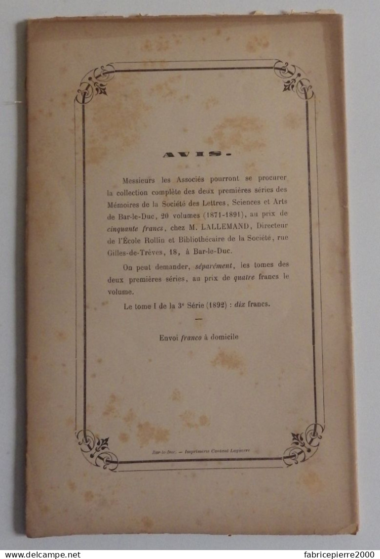 MEMOIRES DE LA SOCIETE DES LETTRES SCIENCES ET ARTS DE BAR-LE-DUC - Index Matières 1871-1890 1893 TBE Meuse - Lorraine - Vosges