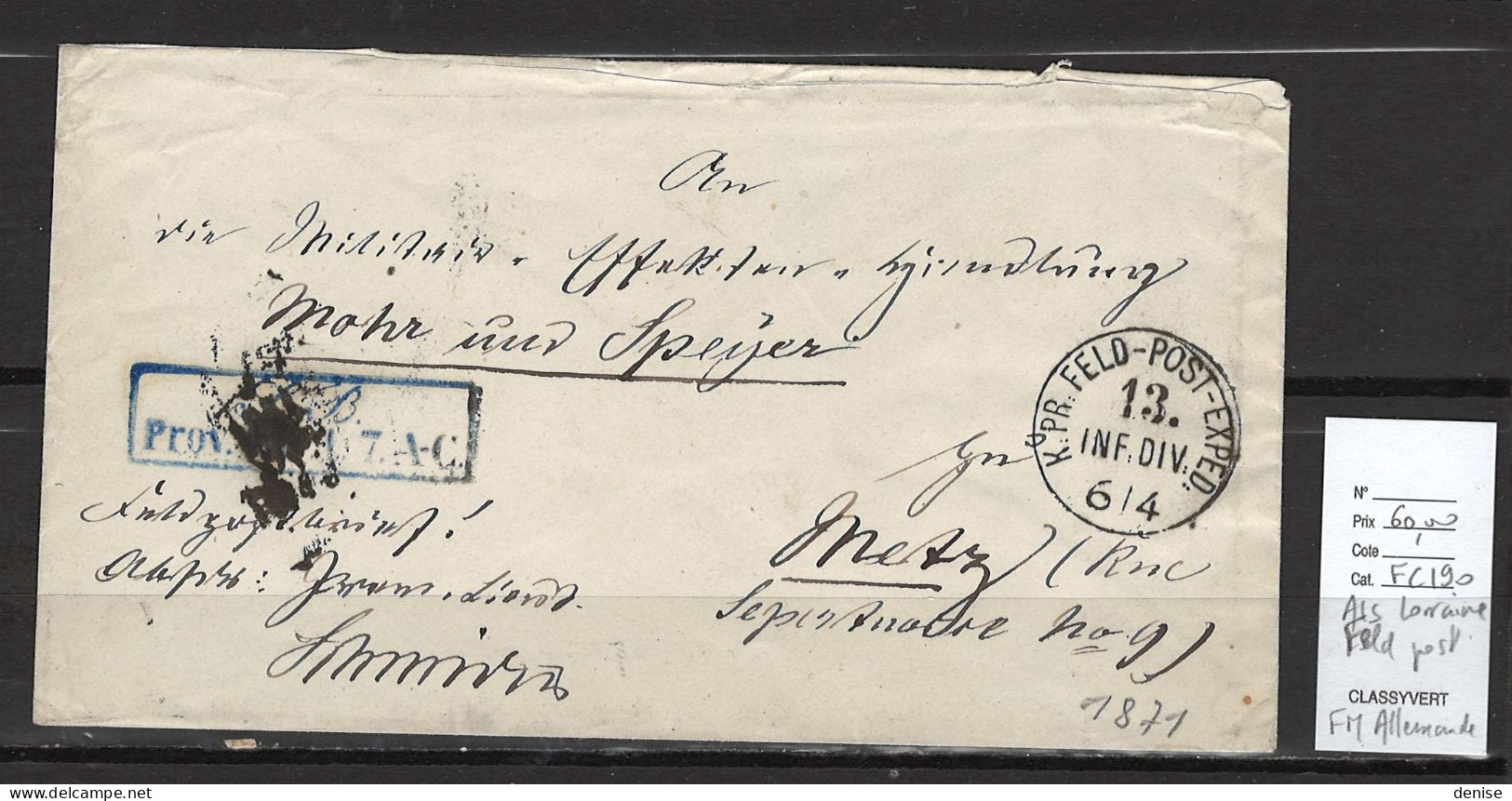 France - Alsace Lorraine Occupée -Feldpost - FM Allemande -1871 - Storia Postale