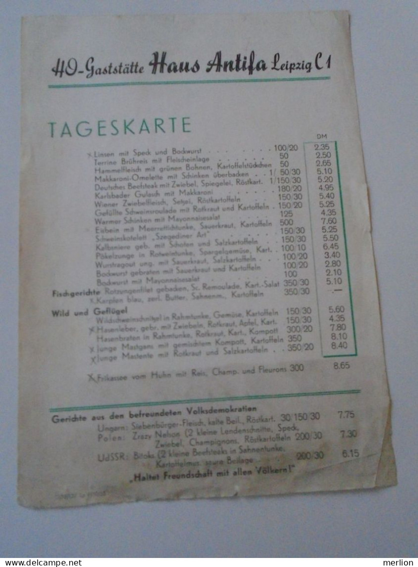 D202245 Menu Speisenkarte  Und Tageskarte  HO Gaststätte Haus ANTIFA   LEIPZIG  -DDR Germany   1954 - Menus